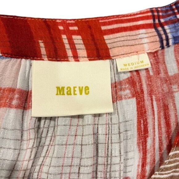 Maeve Anthropologie Babydoll Tunic Top Button Front V-Neck Red White Blue Size M - Picture 5 of 11